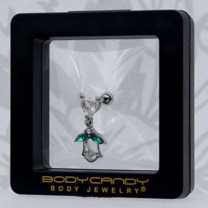 16G 1/4 Clear CZ Gem Heart And Rose Dangle Cartilage Earring