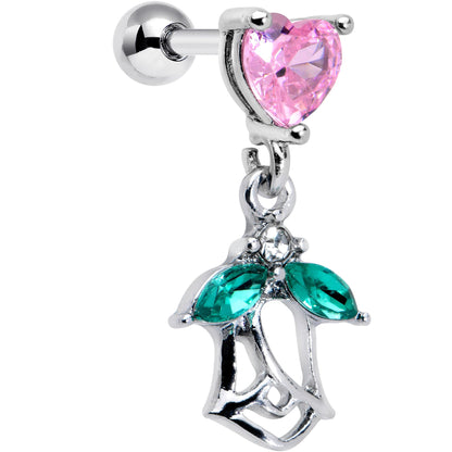 16G 1/4 Pink CZ Gem Heart And Rose Dangle Cartilage Earring