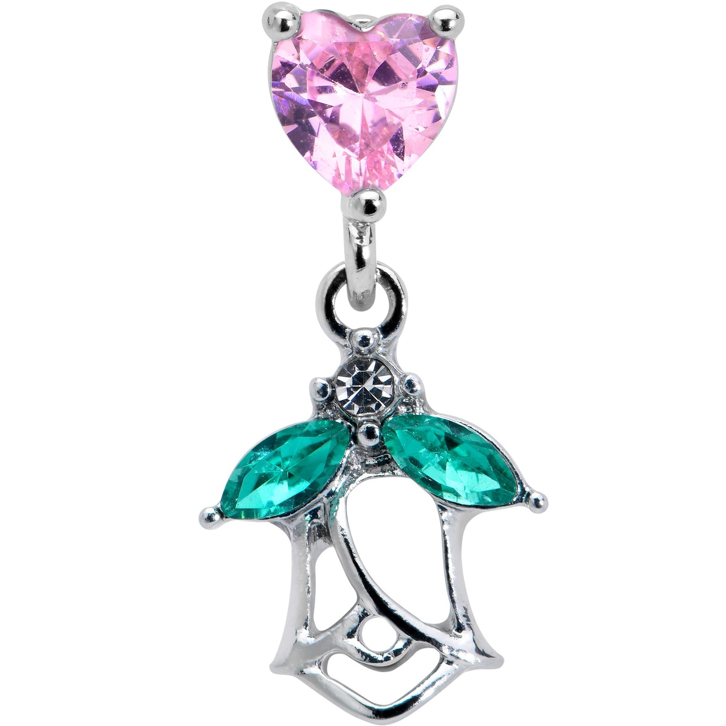 16G 1/4 Pink CZ Gem Heart And Rose Dangle Cartilage Earring