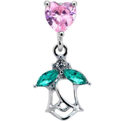 16G 1/4 Pink CZ Gem Heart And Rose Dangle Cartilage Earring