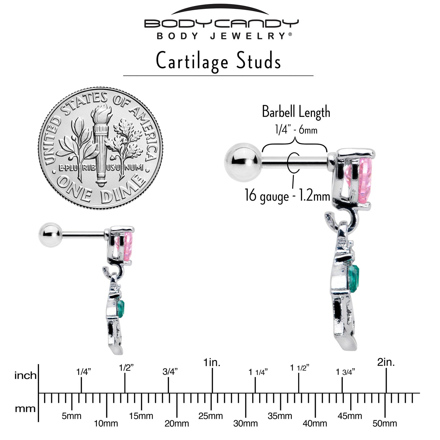 16G 1/4 Pink CZ Gem Heart And Rose Dangle Cartilage Earring