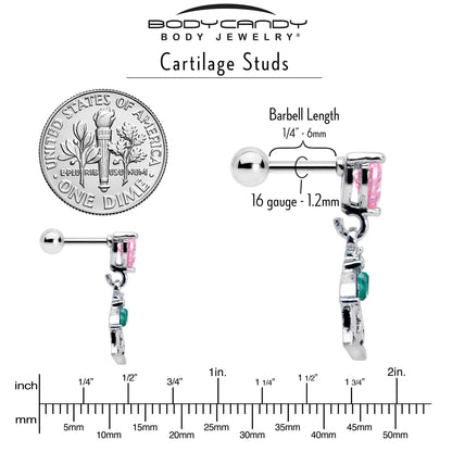 16G 1/4 Pink CZ Gem Heart And Rose Dangle Cartilage Earring