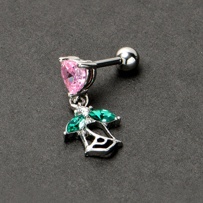 16G 1/4 Pink CZ Gem Heart And Rose Dangle Cartilage Earring