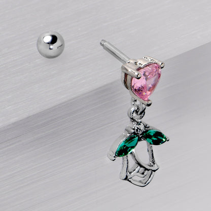 16G 1/4 Pink CZ Gem Heart And Rose Dangle Cartilage Earring