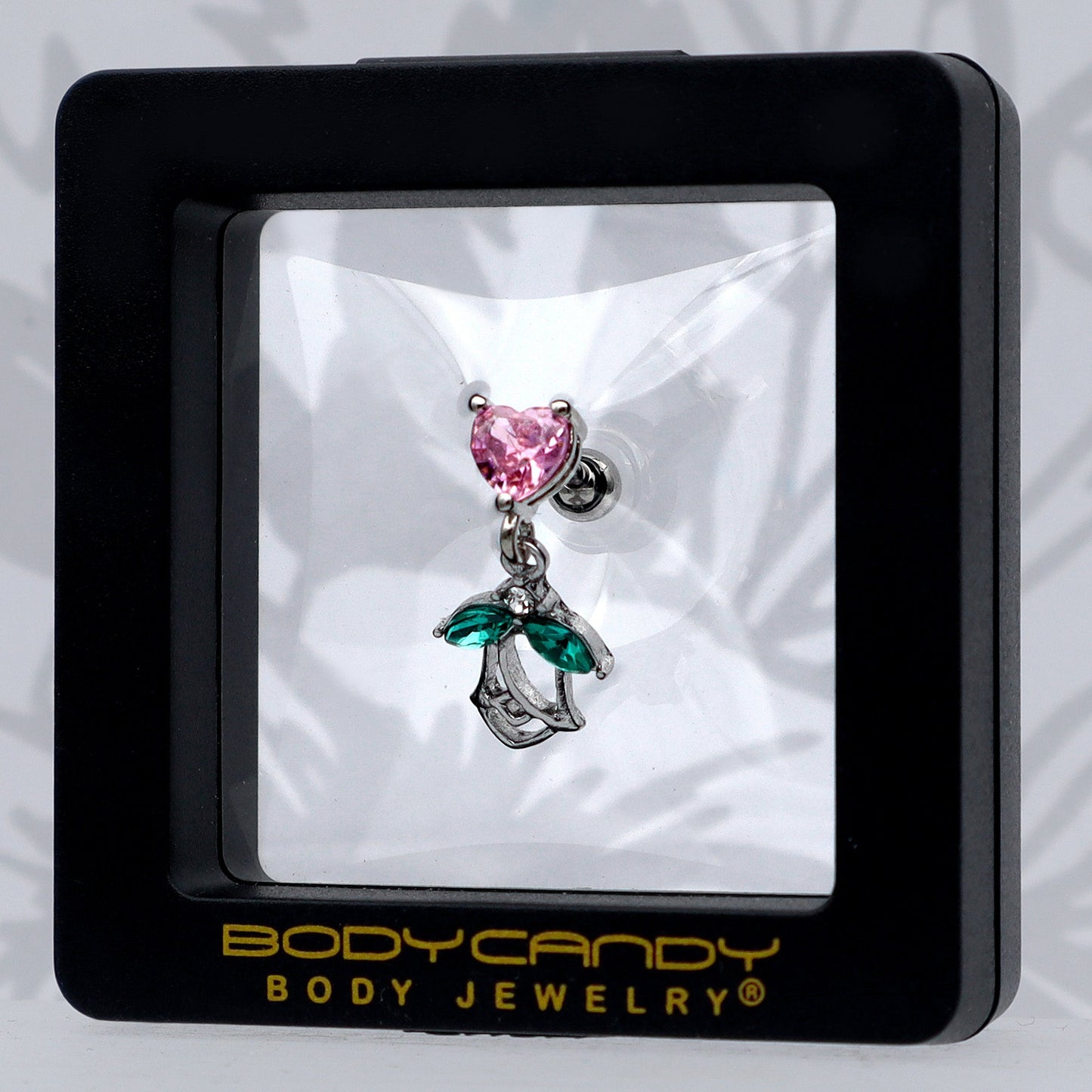 16G 1/4 Pink CZ Gem Heart And Rose Dangle Cartilage Earring