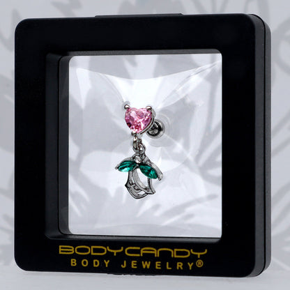 16G 1/4 Pink CZ Gem Heart And Rose Dangle Cartilage Earring