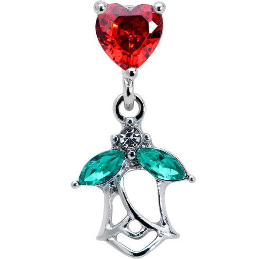 16G 1/4 Red CZ Gem Heart And Rose Dangle Cartilage Earring