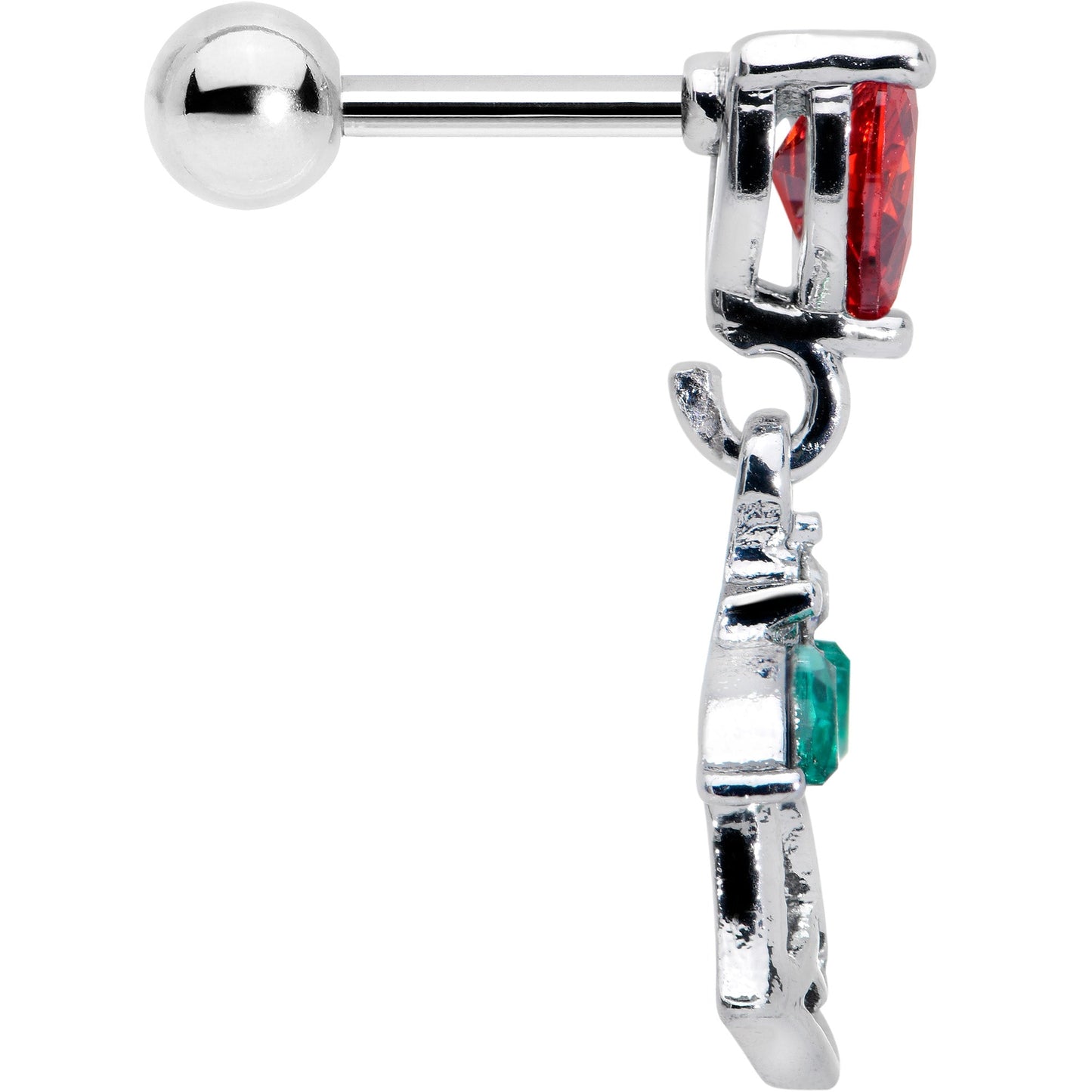 16G 1/4 Red CZ Gem Heart And Rose Dangle Cartilage Earring