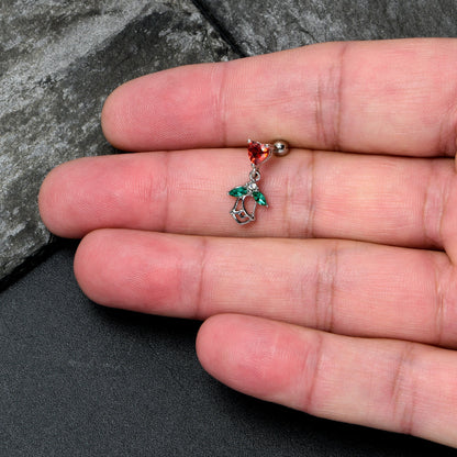 16G 1/4 Red CZ Gem Heart And Rose Dangle Cartilage Earring