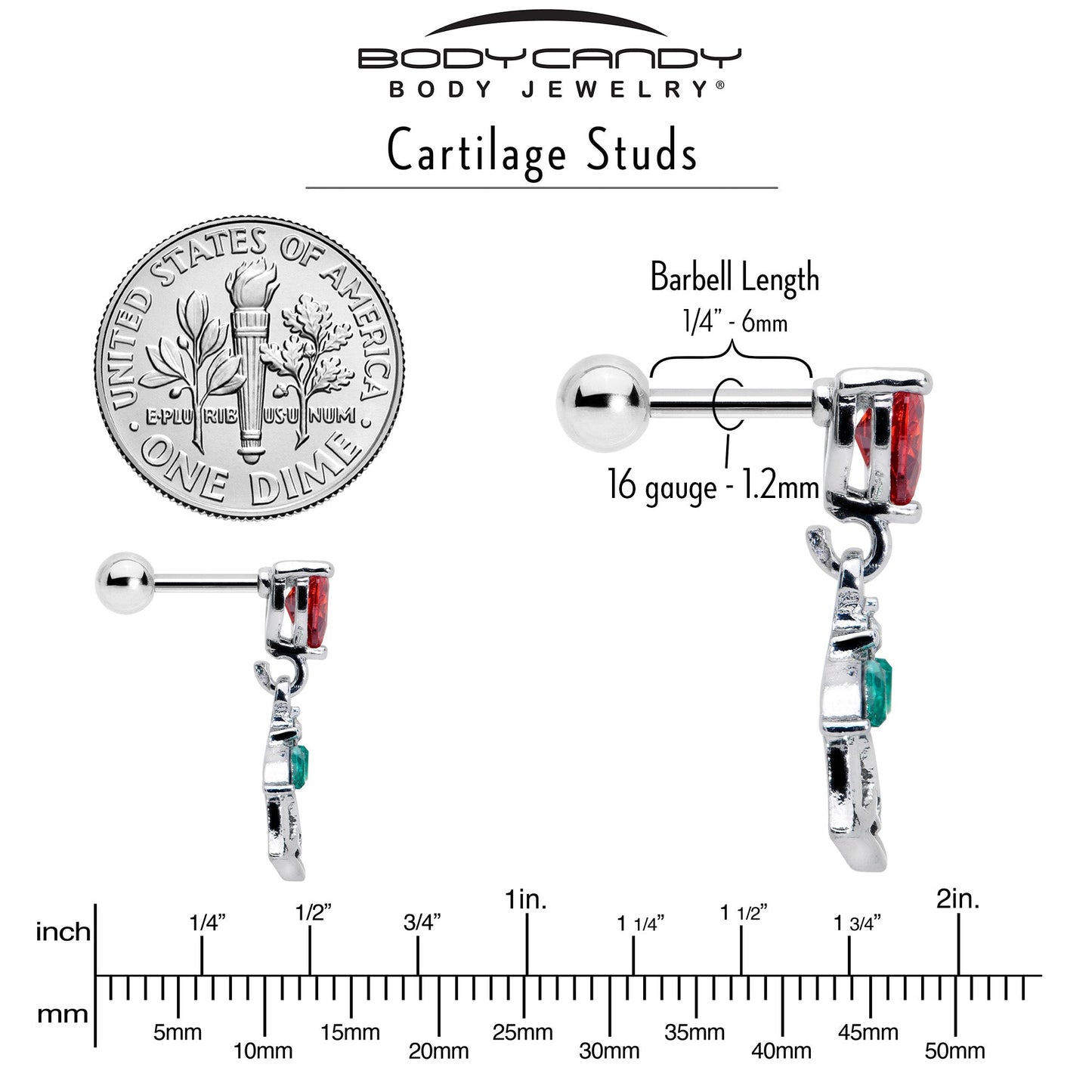 16G 1/4 Red CZ Gem Heart And Rose Dangle Cartilage Earring