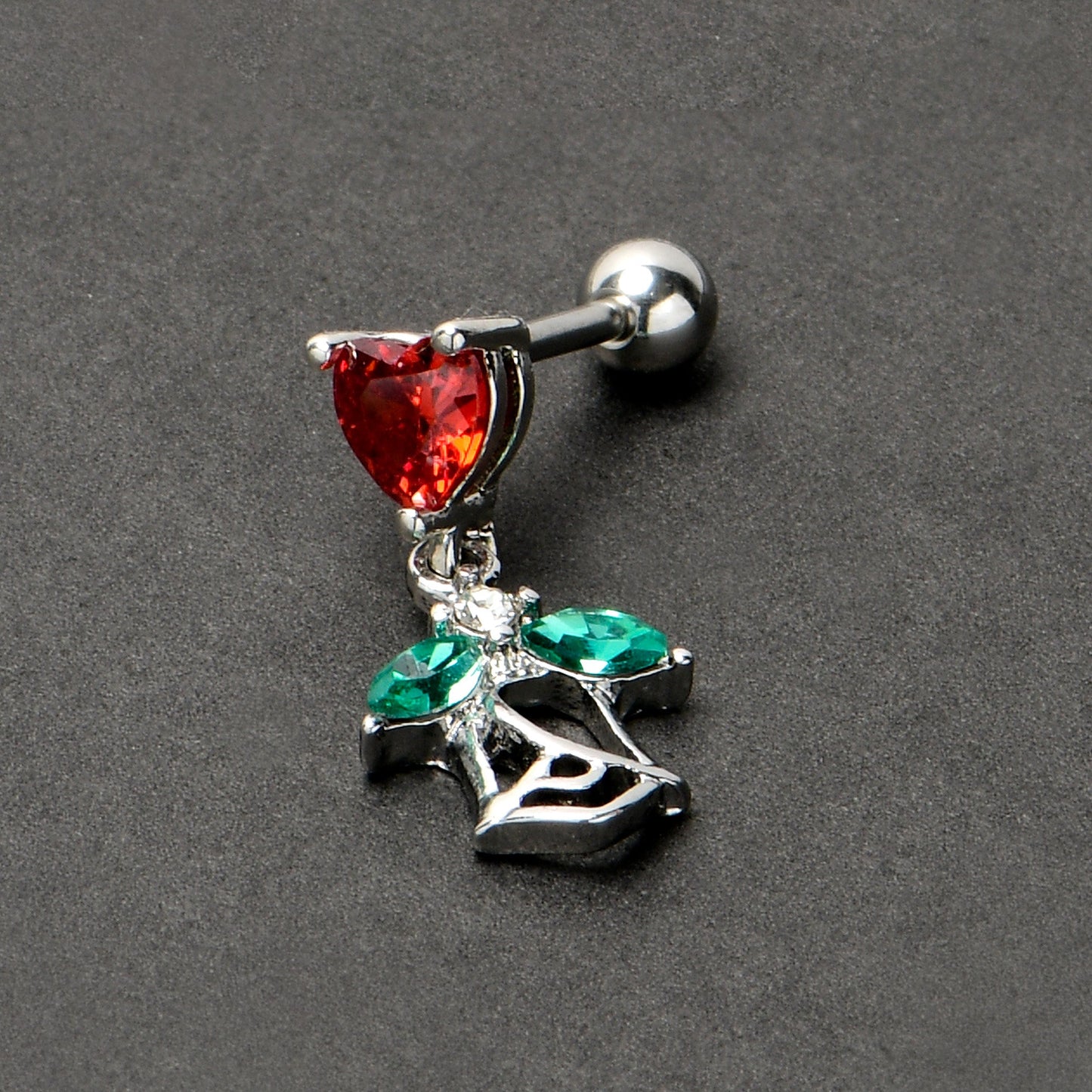16G 1/4 Red CZ Gem Heart And Rose Dangle Cartilage Earring