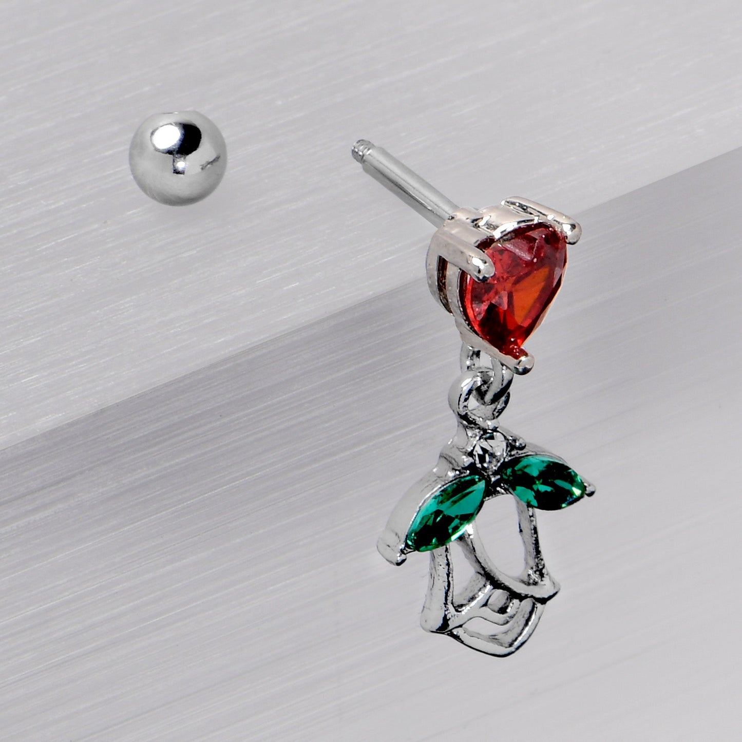 16G 1/4 Red CZ Gem Heart And Rose Dangle Cartilage Earring