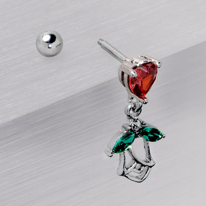 16G 1/4 Red CZ Gem Heart And Rose Dangle Cartilage Earring