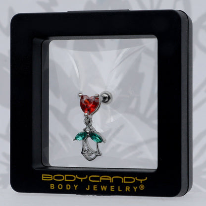 16G 1/4 Red CZ Gem Heart And Rose Dangle Cartilage Earring