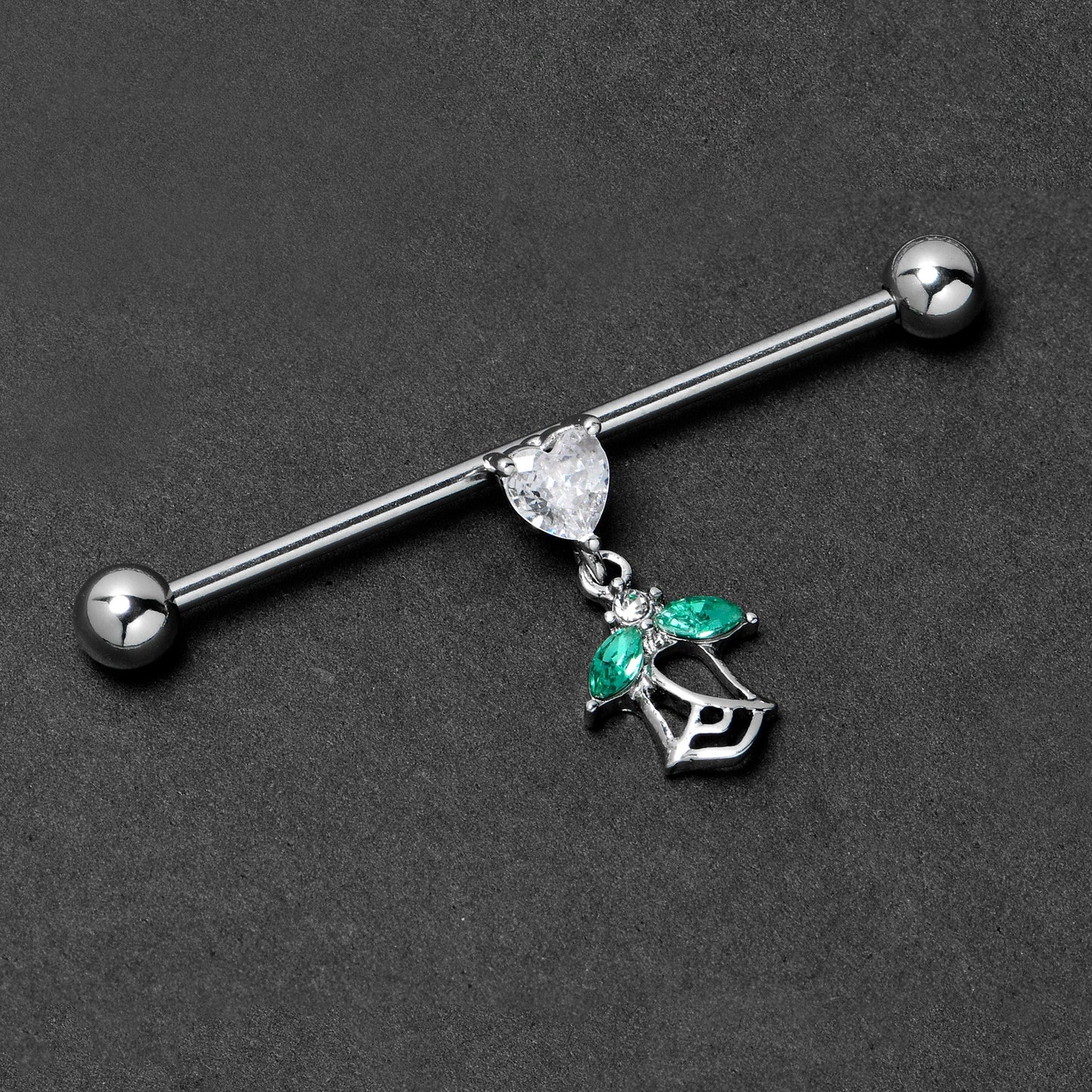 14G Clear CZ Gem Heart And Rose Dangle Industrial Barbell 38mm
