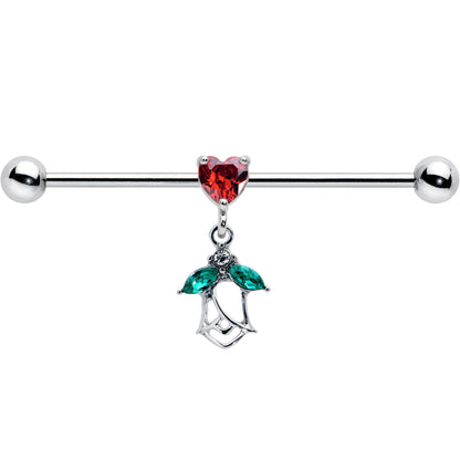 14G Red CZ Gem Heart And Rose Dangle Industrial Barbell 38mm