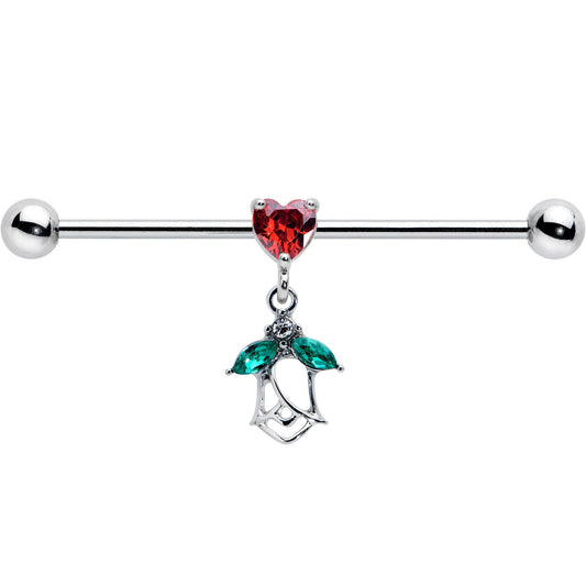 14G Red CZ Gem Heart And Rose Dangle Industrial Barbell 38mm