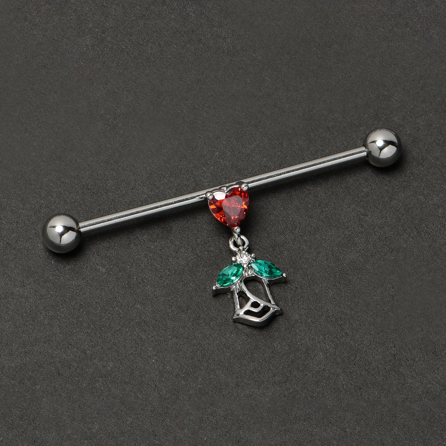 14G Red CZ Gem Heart And Rose Dangle Industrial Barbell 38mm