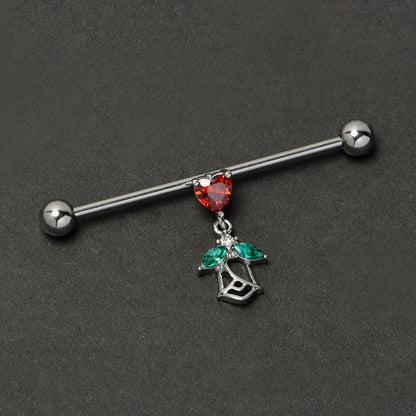 14G Red CZ Gem Heart And Rose Dangle Industrial Barbell 38mm