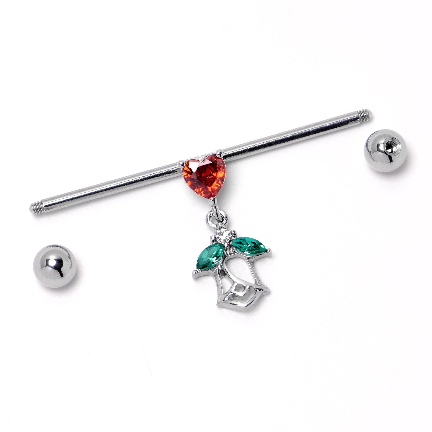 14G Red CZ Gem Heart And Rose Dangle Industrial Barbell 38mm
