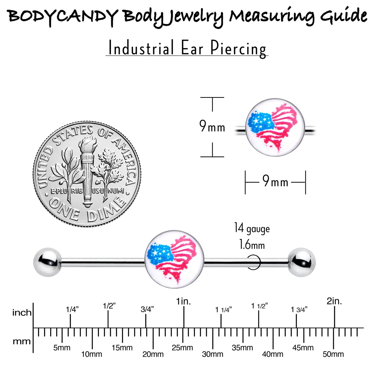 14G Heart Flag Patriotic Industrial Barbell 38mm