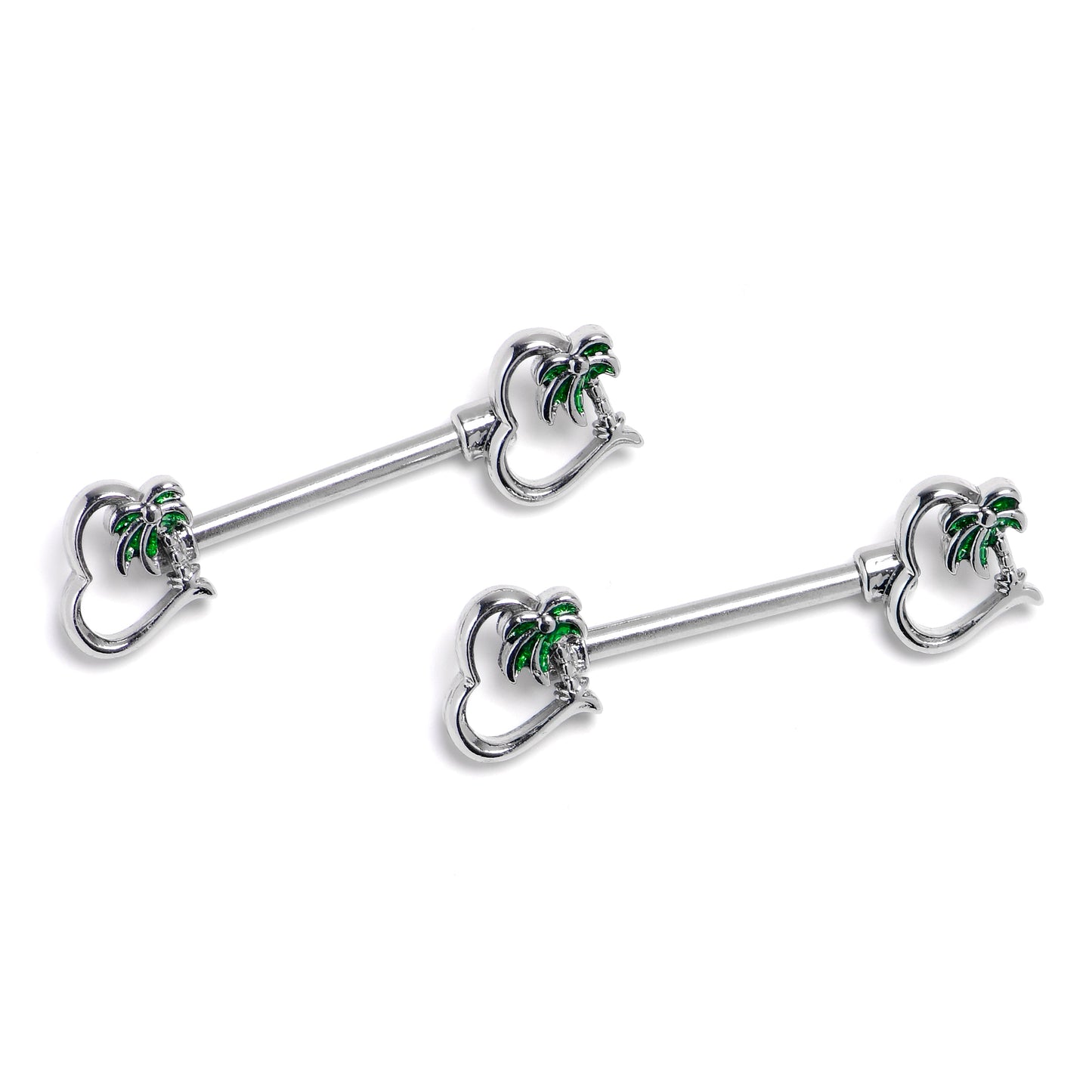14G 9/16 Palm Tree Love Hearts Barbell Nipple Ring Set