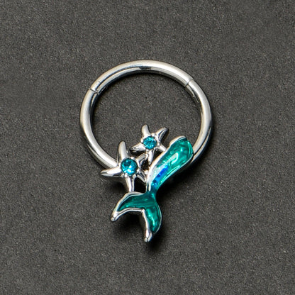 16G 3/8 Blue Gem Green Mermaid Tail Stars Hinged Segment Ring