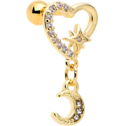16G 1/4 Clear CZ Gem Gold Tone Heart Moon Dangle Cartilage Earring