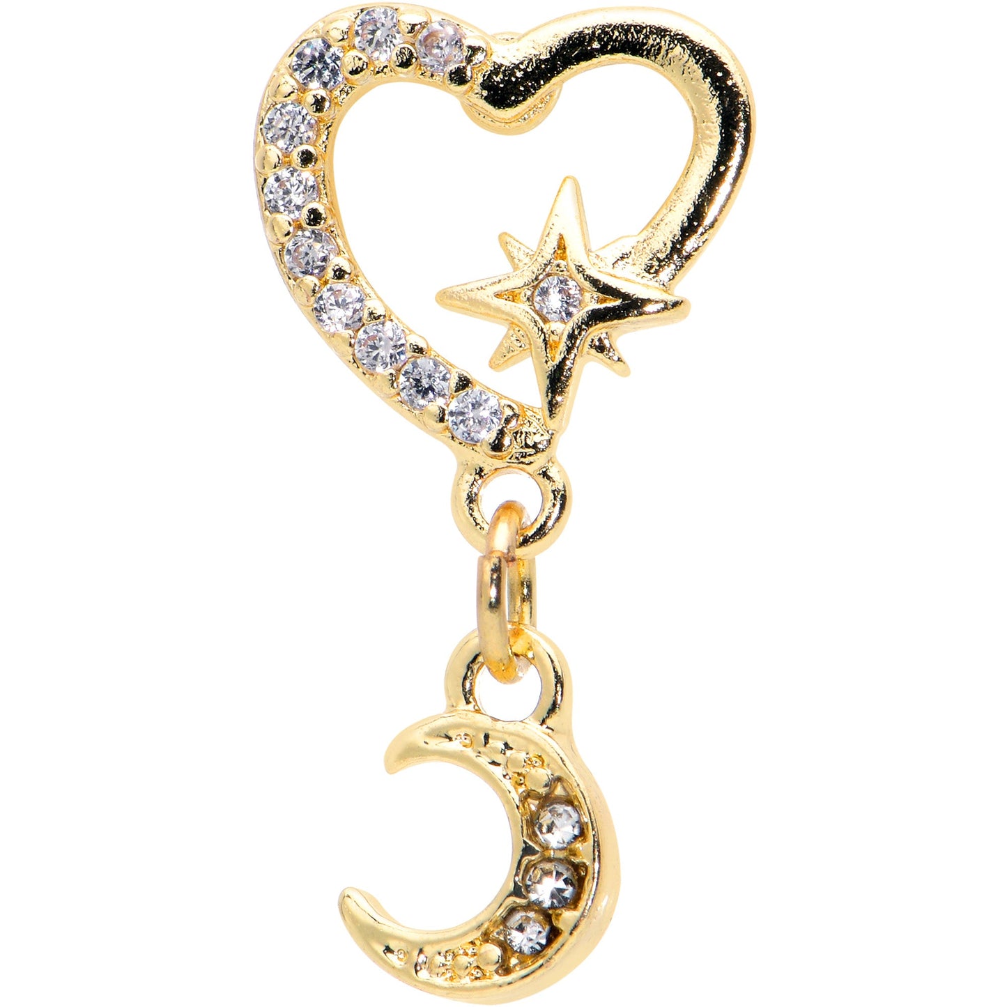 16G 1/4 Clear CZ Gem Gold Tone Heart Moon Dangle Cartilage Earring