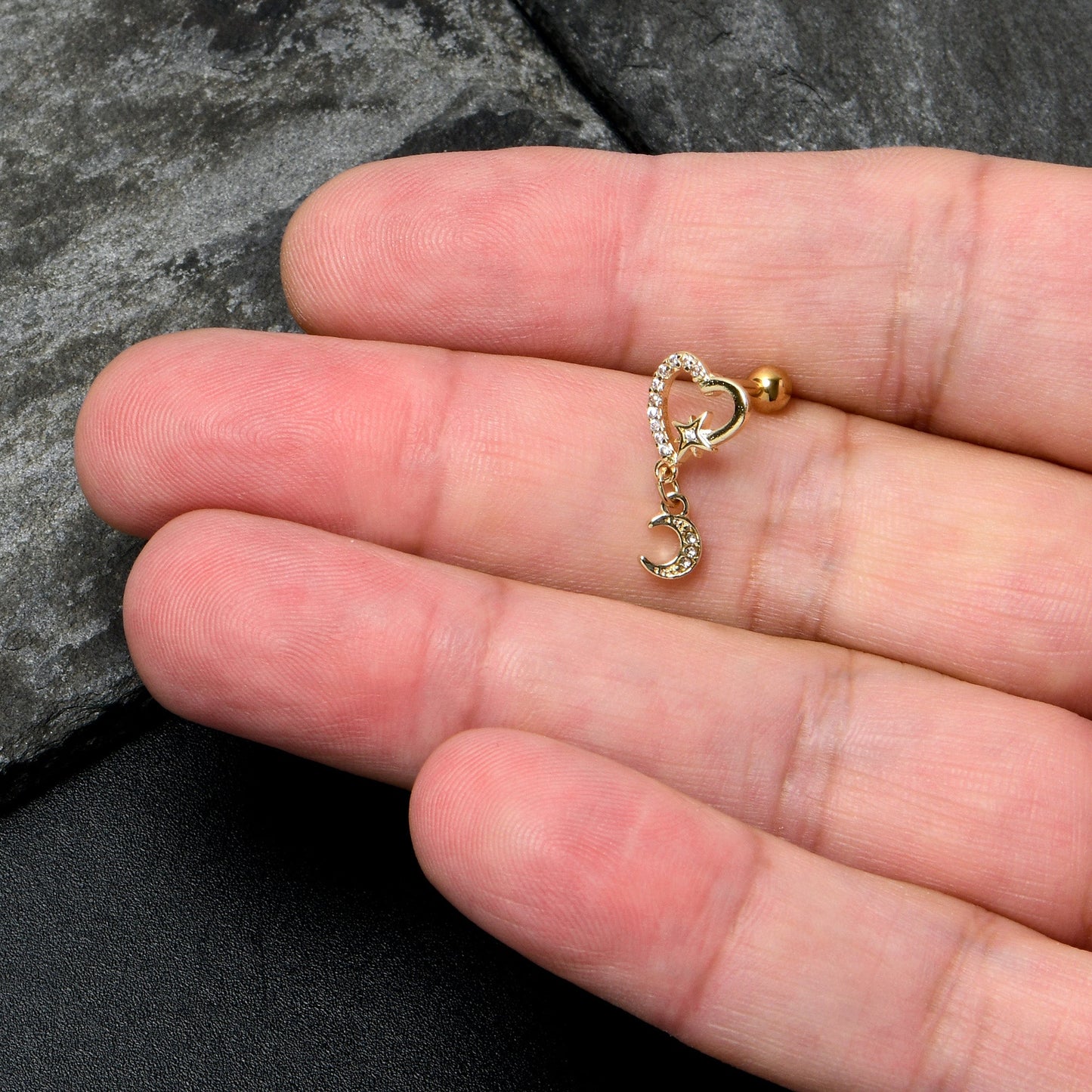 16G 1/4 Clear CZ Gem Gold Tone Heart Moon Dangle Cartilage Earring