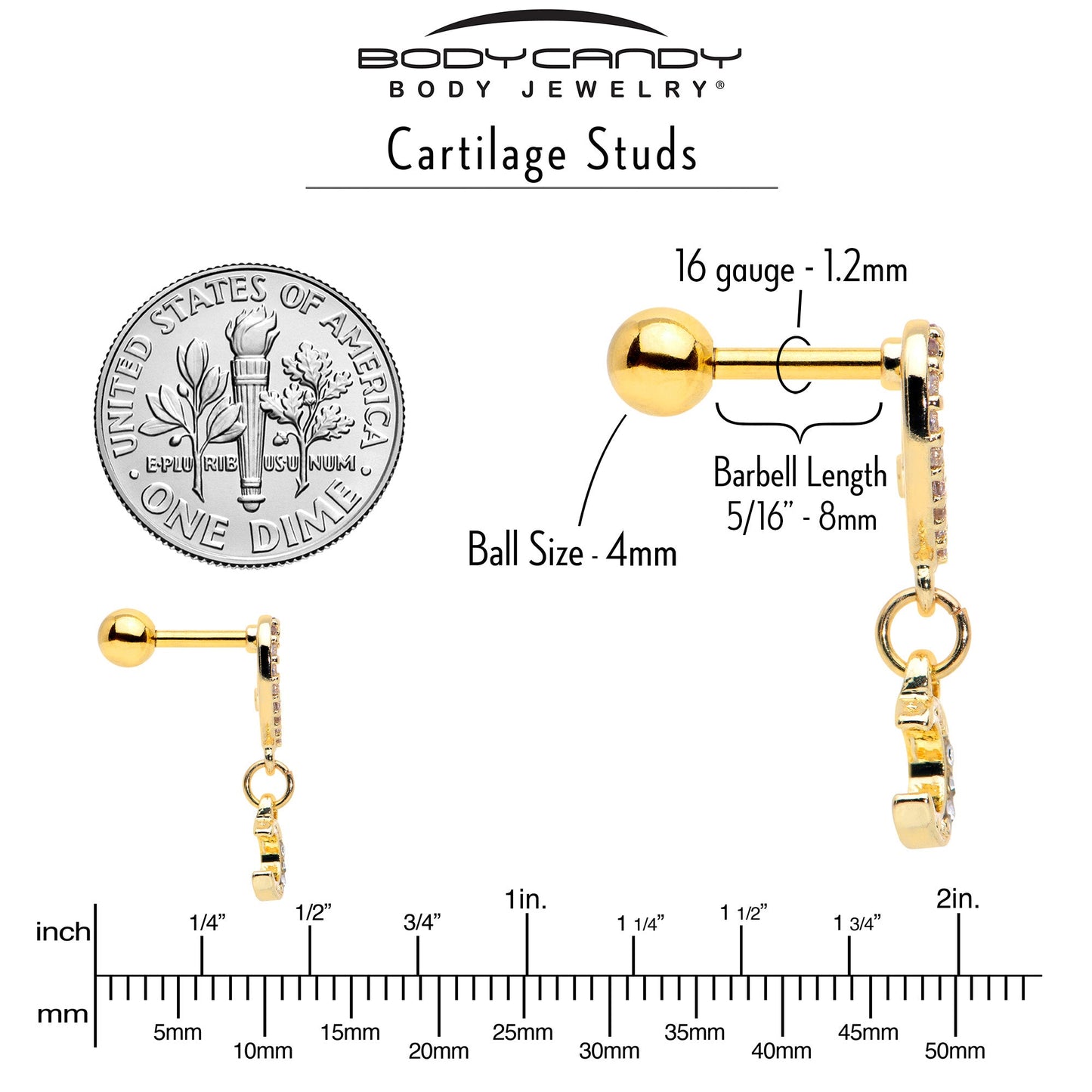 16G 1/4 Clear CZ Gem Gold Tone Heart Moon Dangle Cartilage Earring