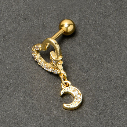 16G 1/4 Clear CZ Gem Gold Tone Heart Moon Dangle Cartilage Earring