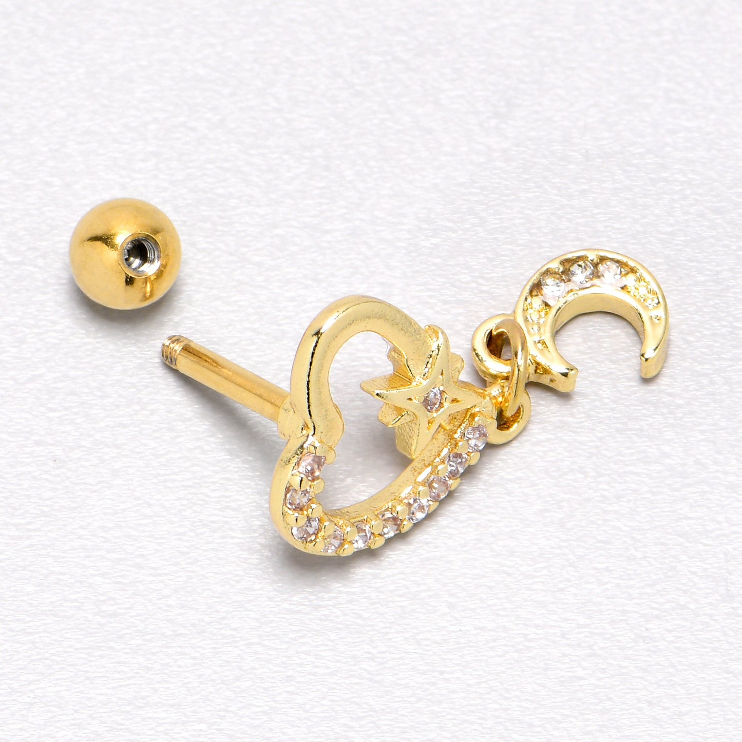 16G 1/4 Clear CZ Gem Gold Tone Heart Moon Dangle Cartilage Earring