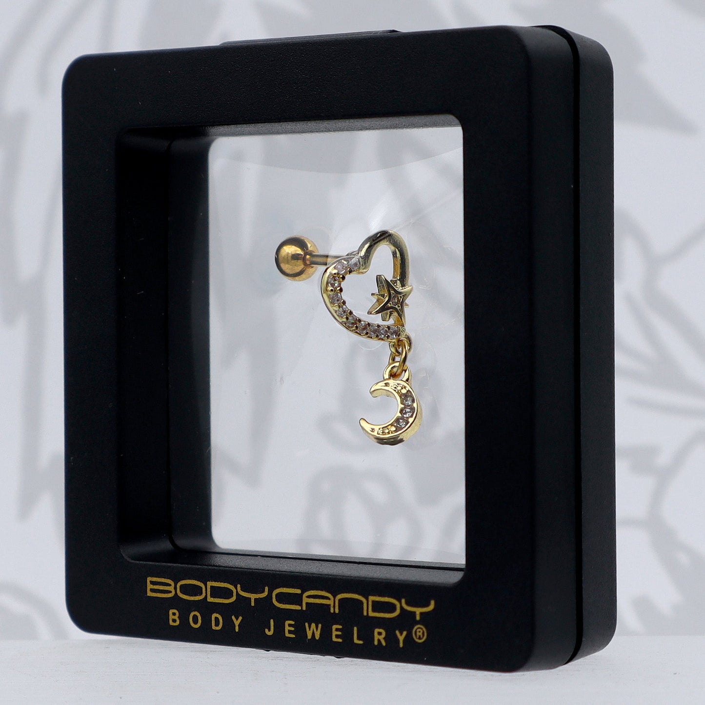 16G 1/4 Clear CZ Gem Gold Tone Heart Moon Dangle Cartilage Earring