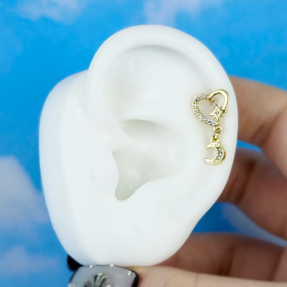 16G 1/4 Clear CZ Gem Gold Tone Heart Moon Dangle Cartilage Earring