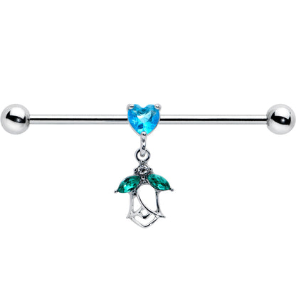14G Blue CZ Gem Heart And Rose Dangle Industrial Barbell 38mm