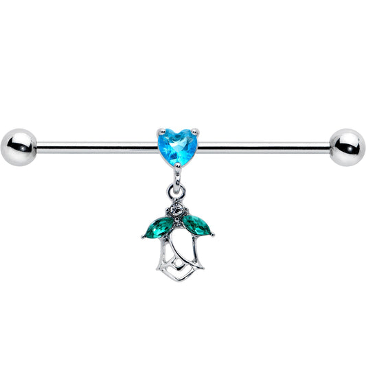 14G Blue CZ Gem Heart And Rose Dangle Industrial Barbell 38mm