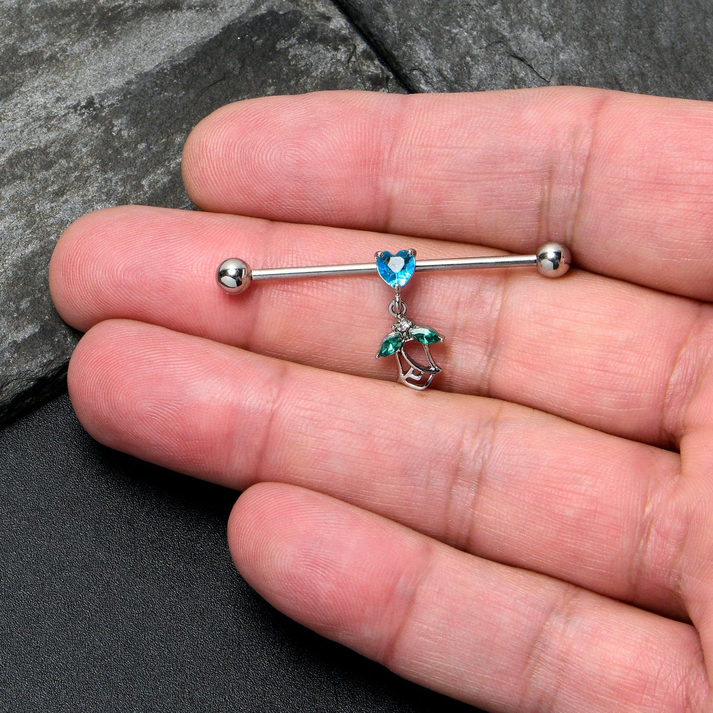 14G Blue CZ Gem Heart And Rose Dangle Industrial Barbell 38mm