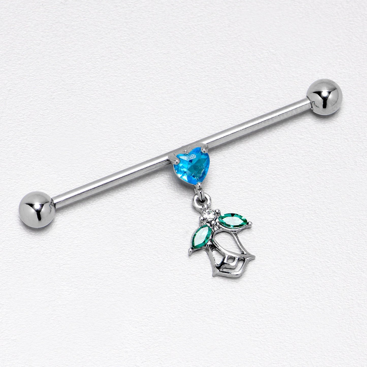 14G Blue CZ Gem Heart And Rose Dangle Industrial Barbell 38mm