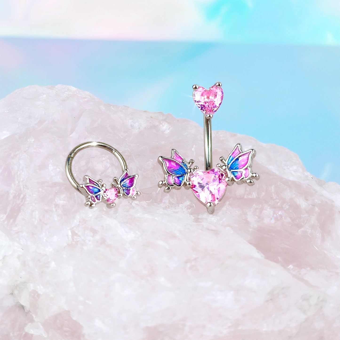 Pink CZ Gem Hearts Butterflies Purple Double Mount Belly Ring