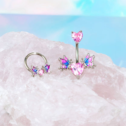Pink CZ Gem Hearts Butterflies Purple Double Mount Belly Ring