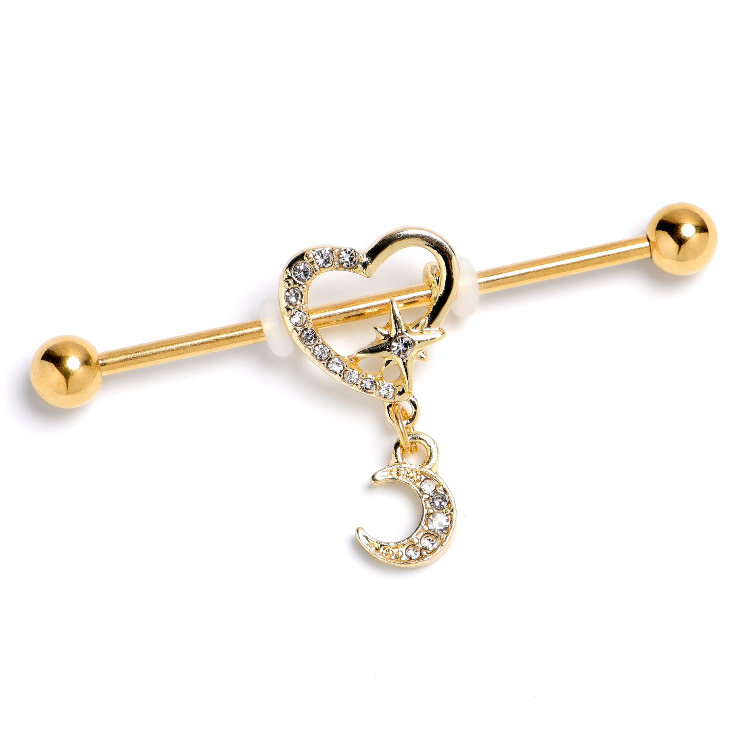 14G Clear Gem Gold Tone Heart Moon Dangle Industrial Barbell 38mm
