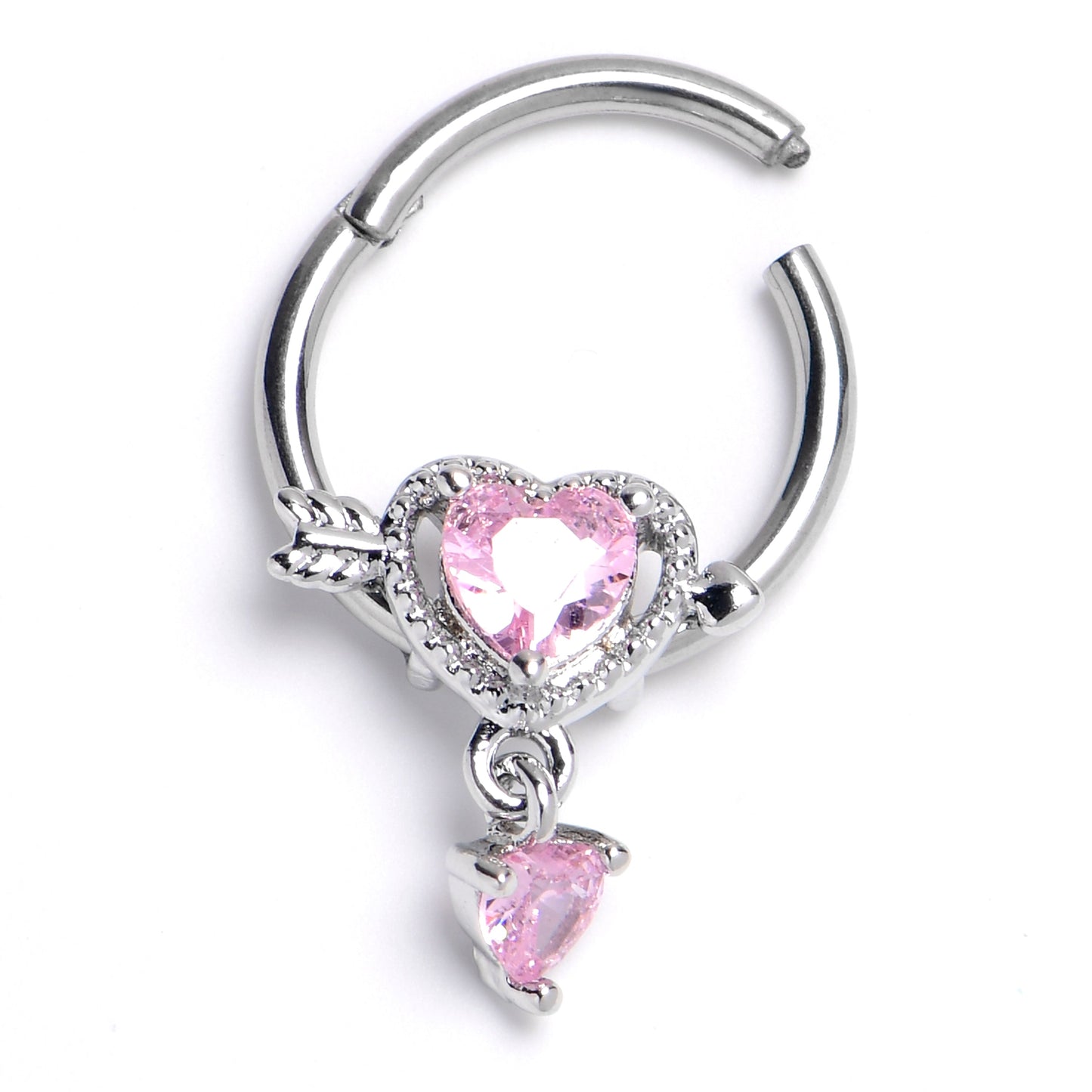 16G 3/8 Pink Gem Fusion of Love Arrow Heart Hinged Segment Ring
