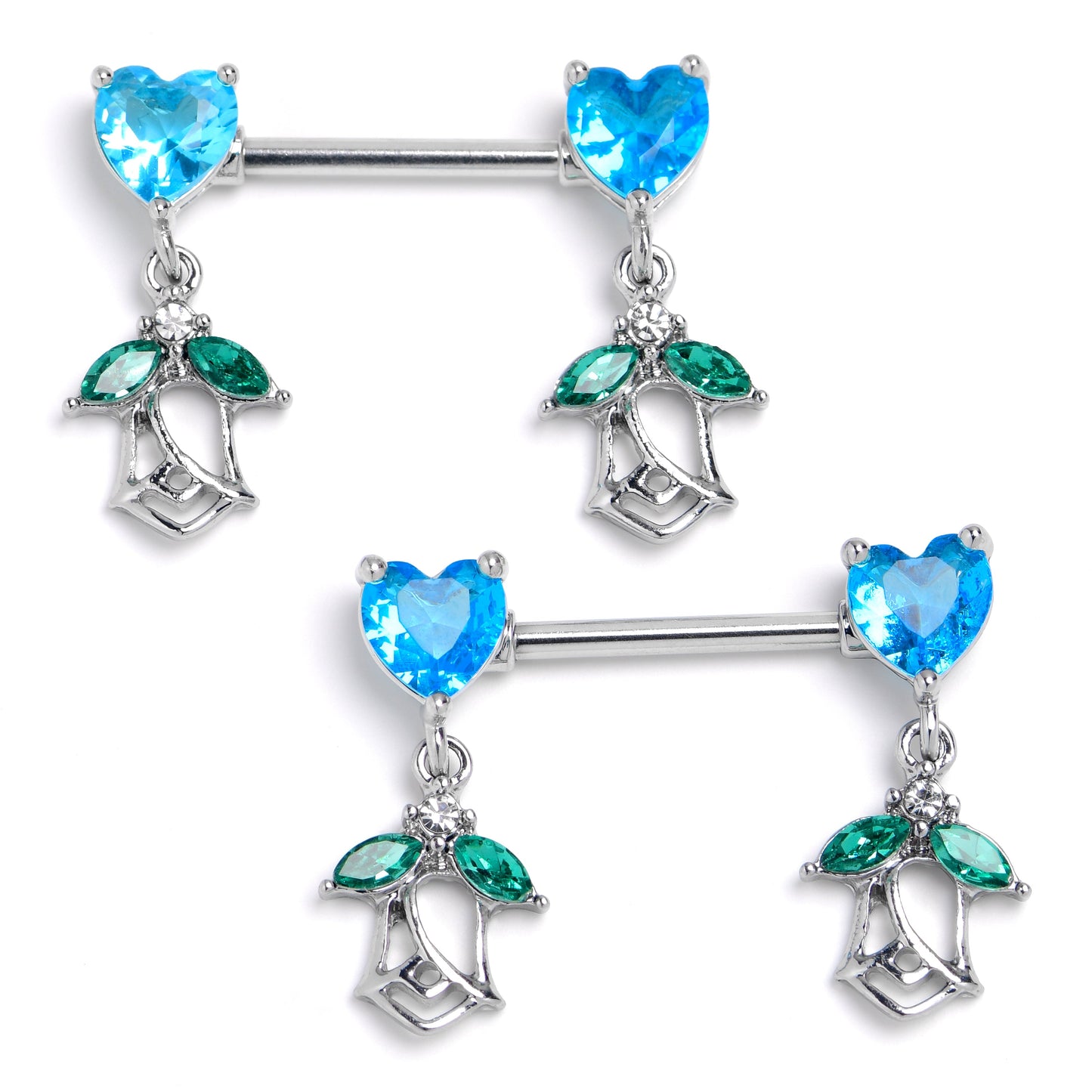 14G 9/16 Blue Green Gem Hearts And Roses Dangle Nipple Ring Set