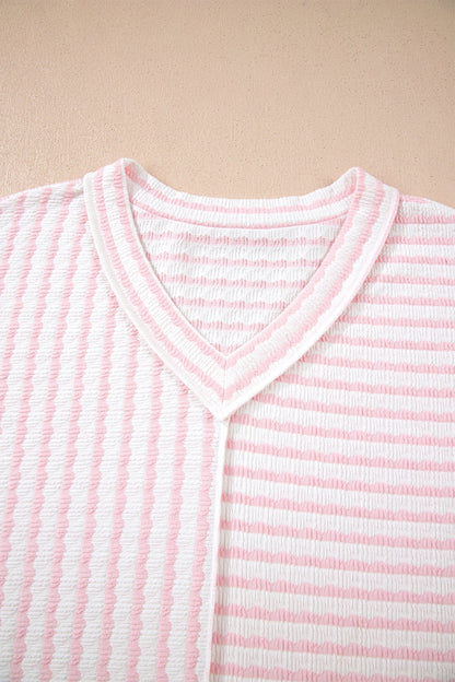 Plus Size Stripe V-Neck Patchwork T-shirt