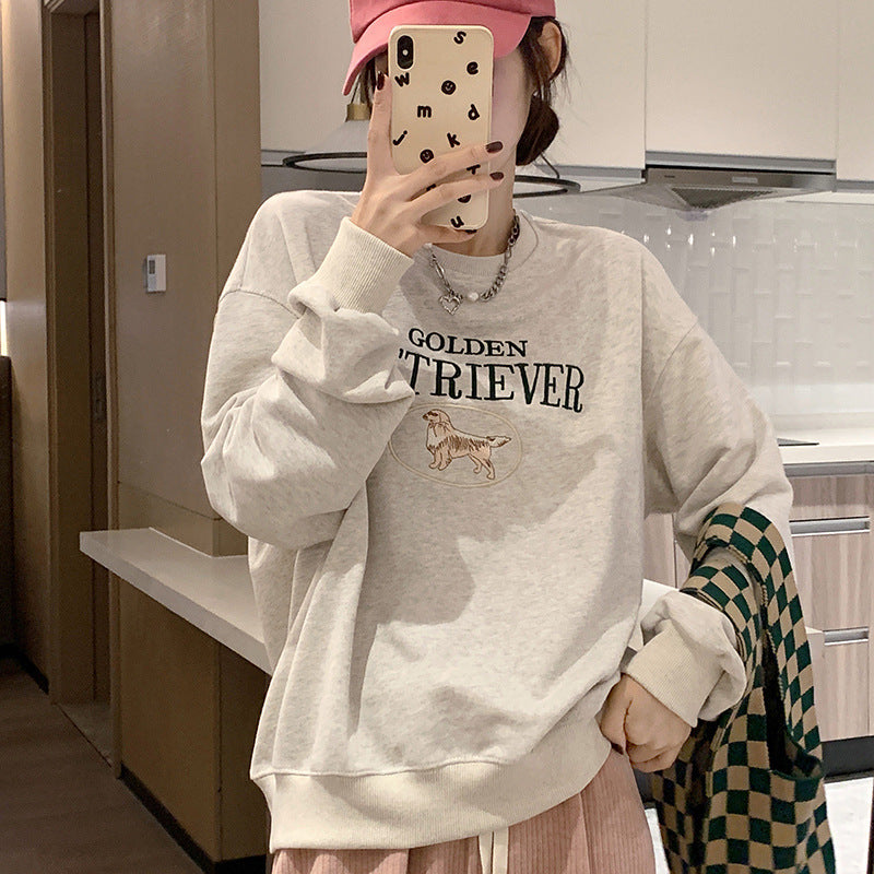 Korean Style Oversize Round-Neck Embroidered Cartoon Long-Sleeve Top