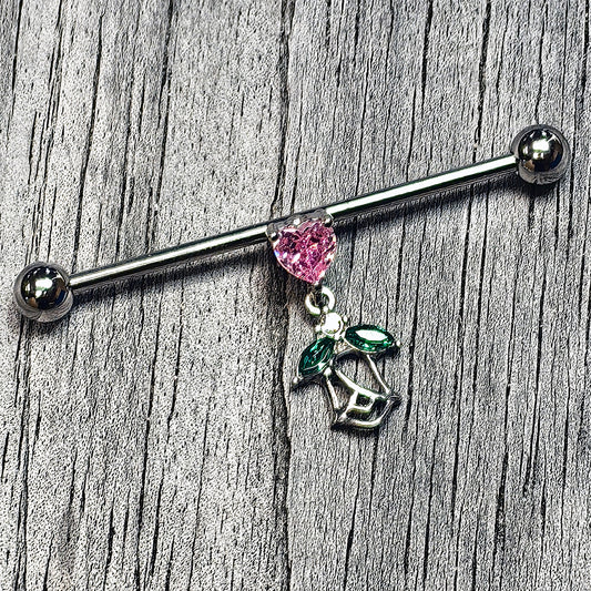 14G Pink Gem Heart And Rose Dangle Industrial Barbell 38mm