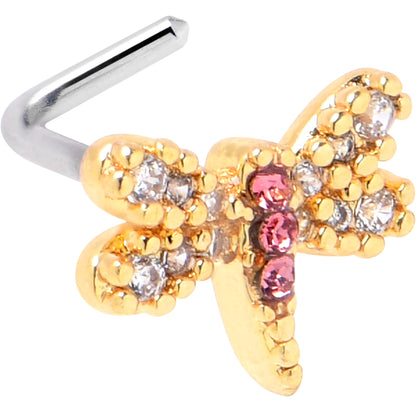 20G 1/4 Pink Clear Gem Dragonfly Drama L Shape Nose Ring