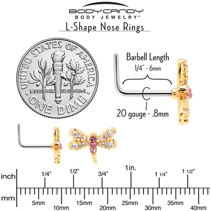 20G 1/4 Pink Clear Gem Dragonfly Drama L Shape Nose Ring