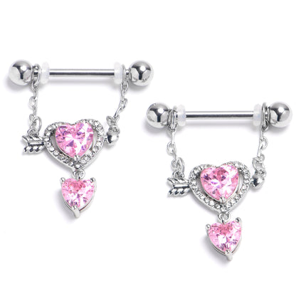 14G 9/16 Pink CZ Gem Fusion Of Love Arrow Heart Dangle Nipple Ring Set